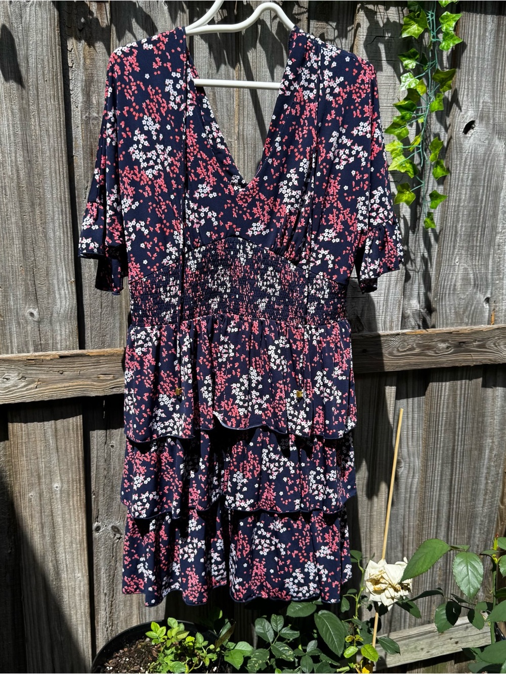 Michael Kors Navy Floral Tiered V-Neck Mini Dress